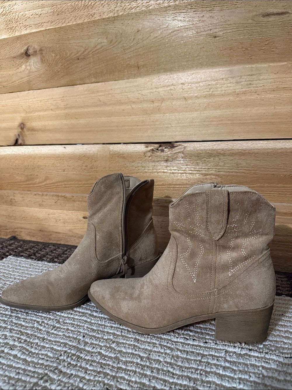 Taupe Suede Western Ankle Boots - Women